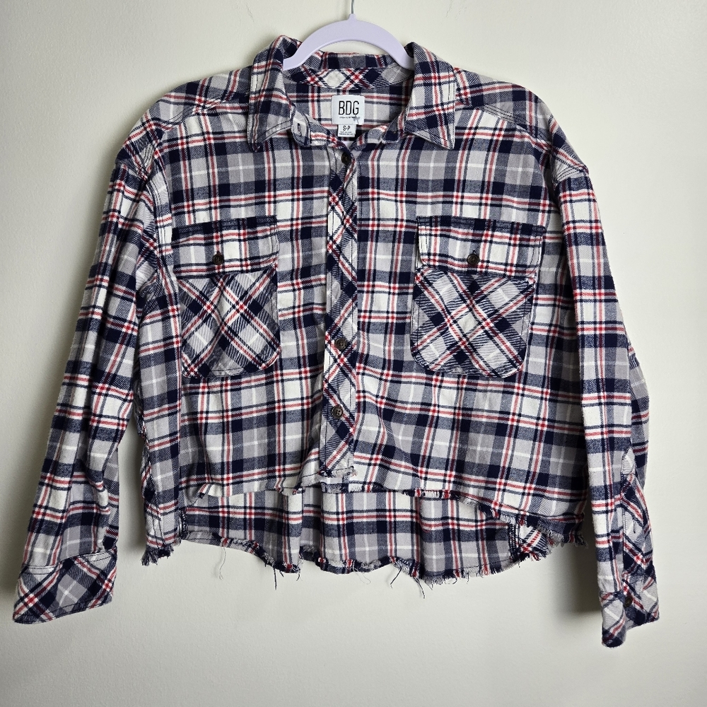 BDG Blue Red‎ Plaid Flannel Raw Hem Cropped Casual Shirt S